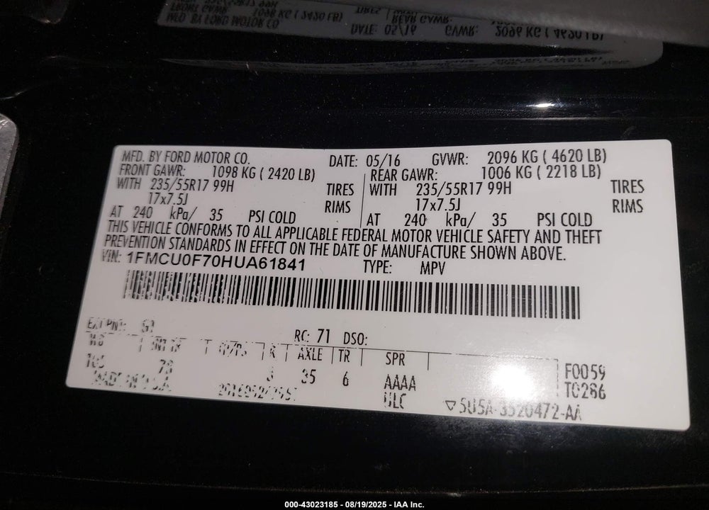 2017 FORD ESCAPE VIN: 1FMCU0F70HUA61841