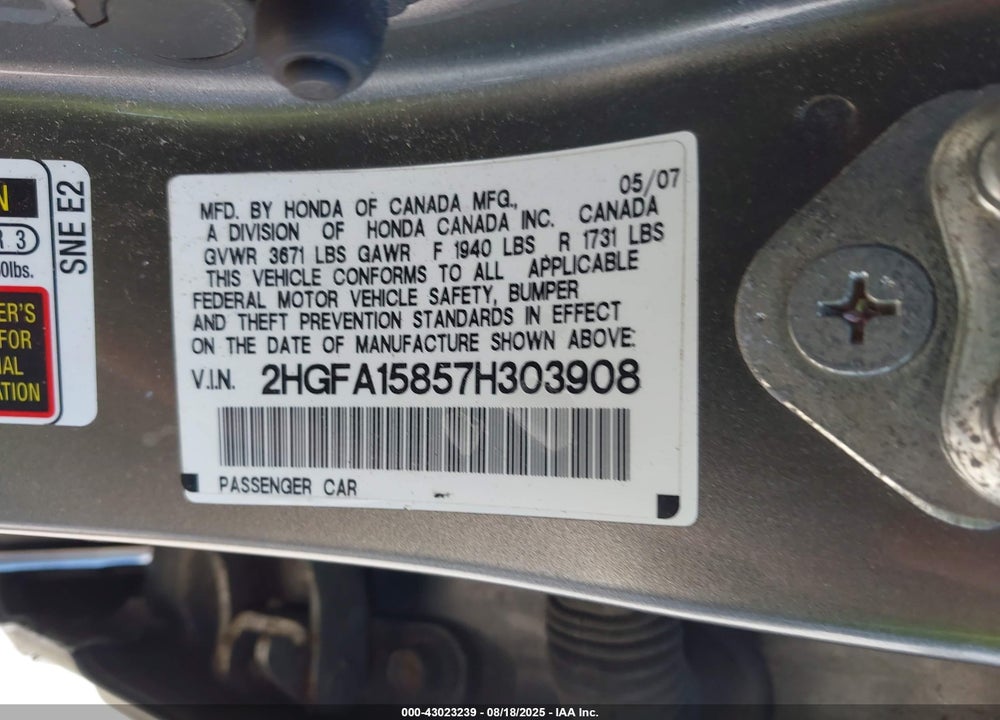 2007 HONDA CIVIC VIN: 2HGFA15857H303908