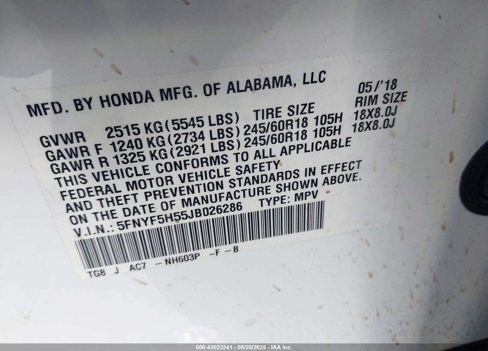 2018 HONDA PILOT VIN: 5FNYF5H55JB026286