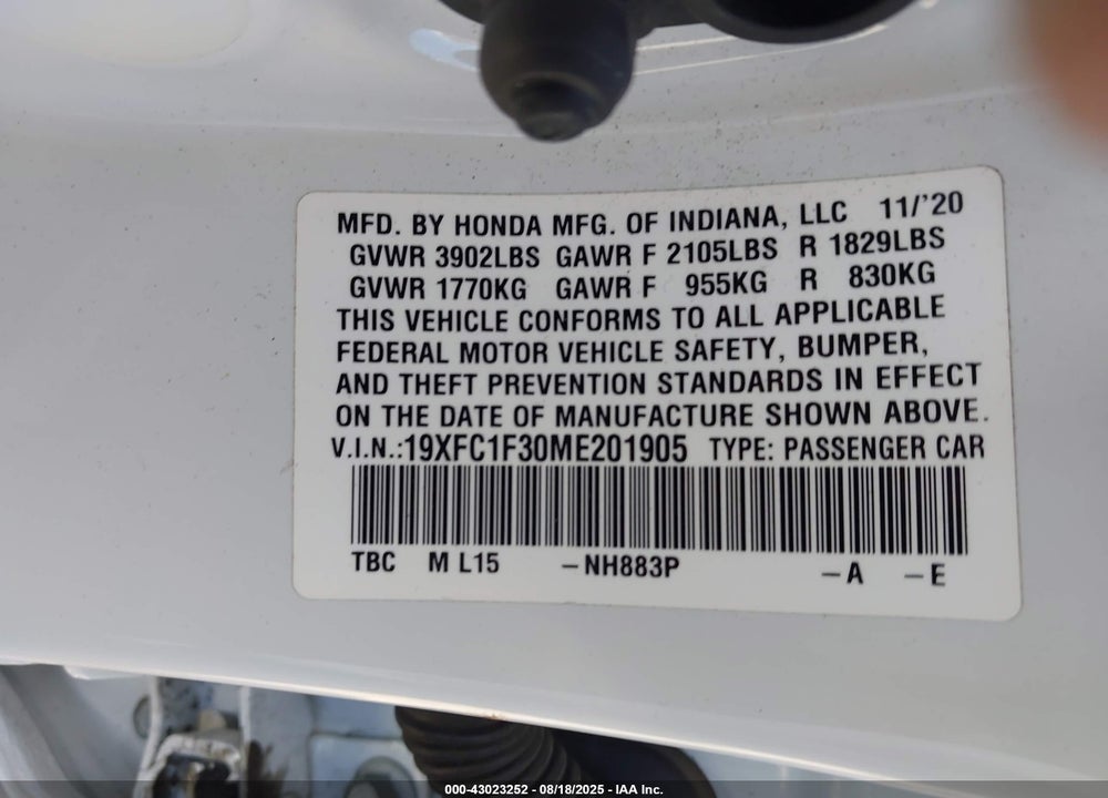 2021 HONDA CIVIC EX VIN: 19XFC1F30ME201905