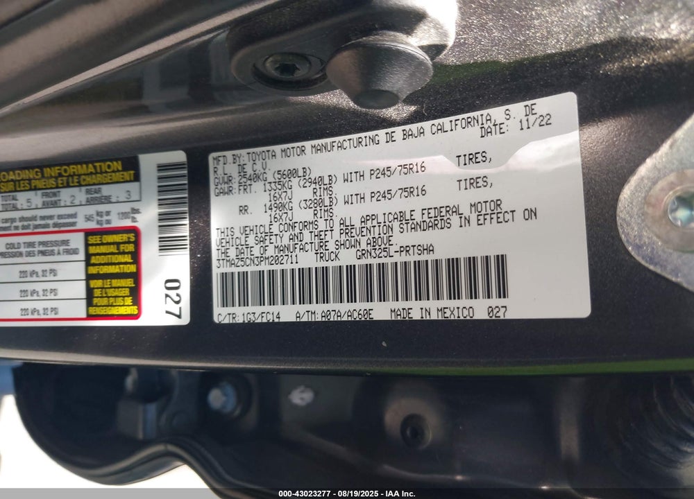2023 TOYOTA TACOMA VIN: 3TMAZ5CN3PM202711