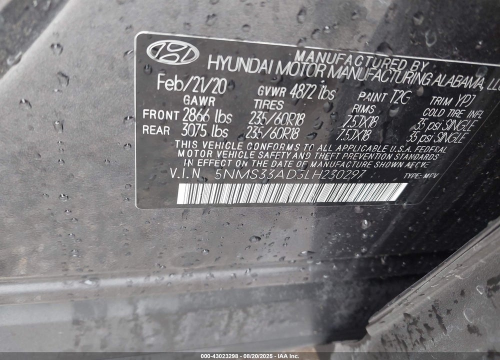 2020 HYUNDAI SANTA FE VIN: 5NMS33AD3LH230297