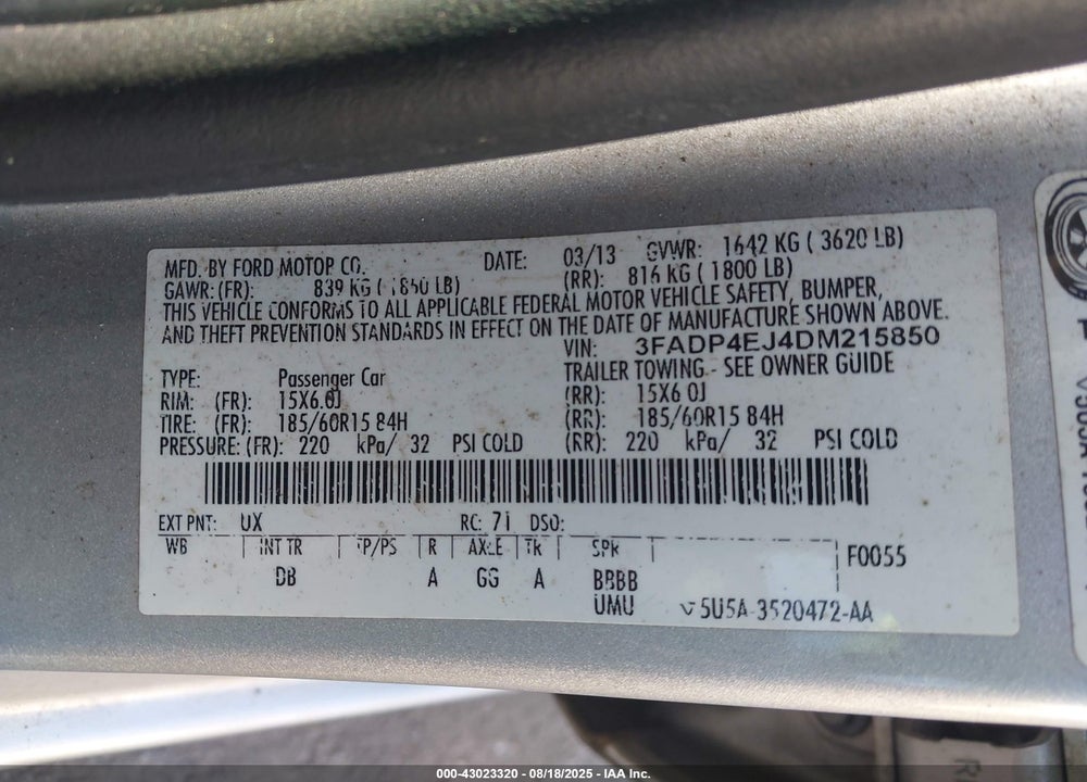 2013 FORD FIESTA VIN: 3FADP4EJ4DM215850