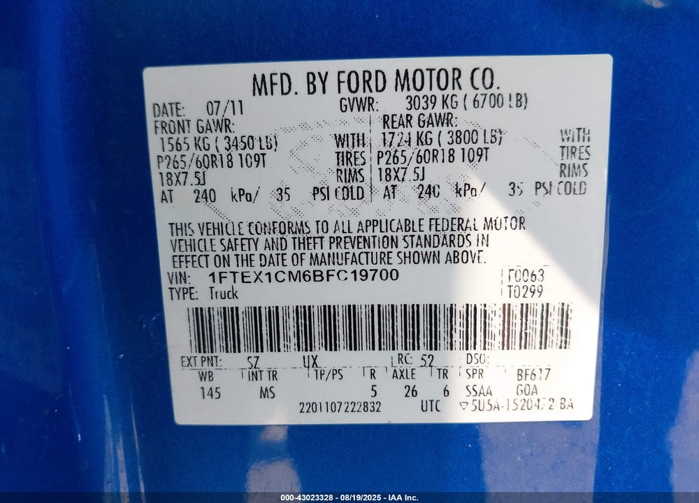 2011 FORD F-150 VIN: 1FTEX1CM6BFC19700