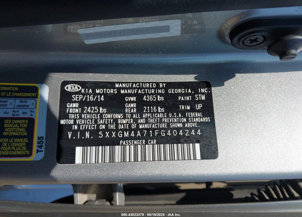 2015 KIA OPTIMA VIN: 5XXGM4A71FG404244