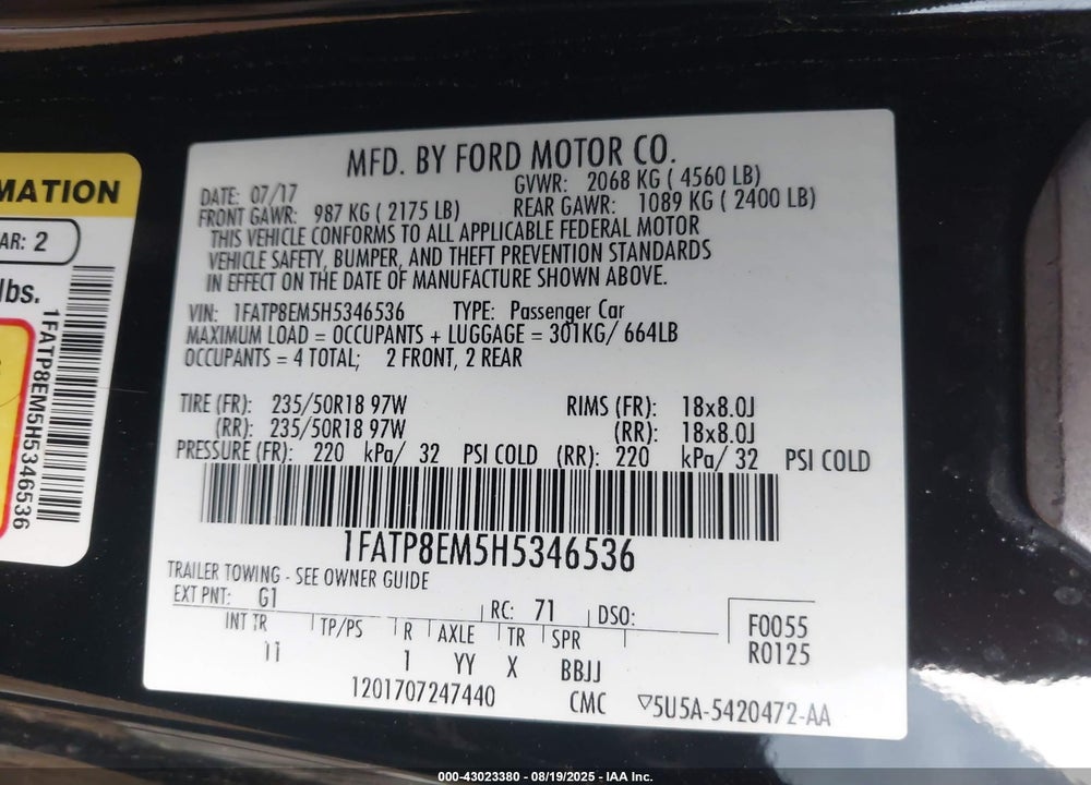 2017 FORD MUSTANG VIN: 1FATP8EM5H5346536