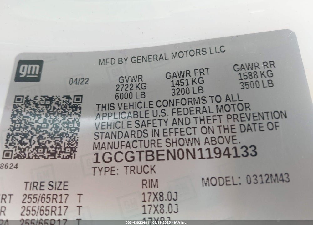 2022 CHEVROLET COLORADO VIN: 1GCGTBEN0N1194133