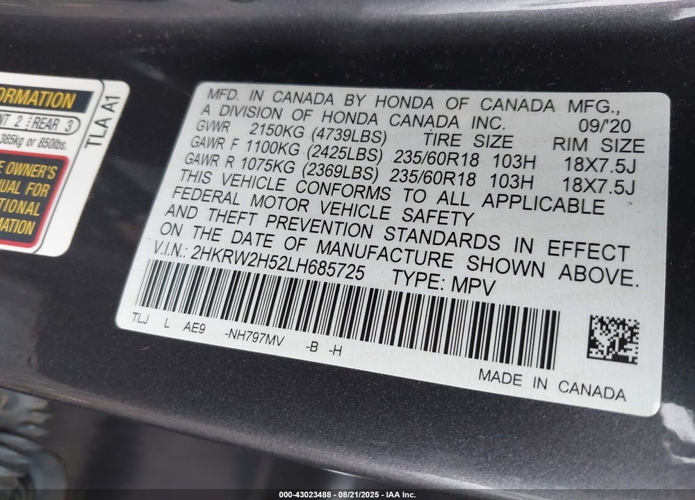 2020 HONDA CR-V VIN: 2HKRW2H52LH685725