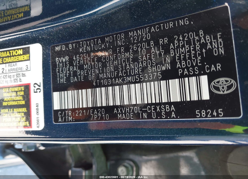 2021 TOYOTA CAMRY VIN: 4T1G31AK3MU553375