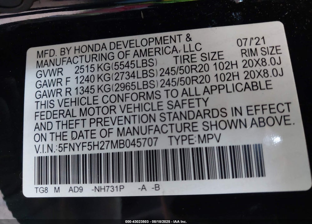 2021 HONDA PILOT VIN: 5FNYF5H27MB045707