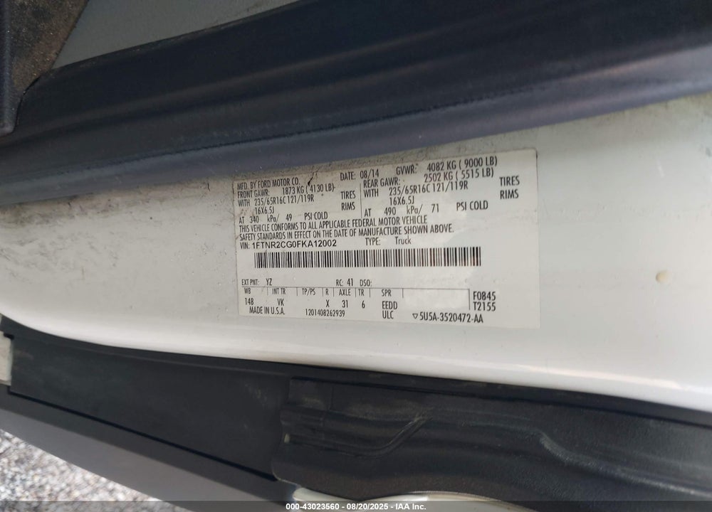2015 FORD TRANSIT-250 VIN: 1FTNR2CG0FKA12002