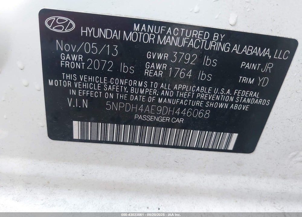 2013 HYUNDAI ELANTRA VIN: 5NPDH4AE9DH446068