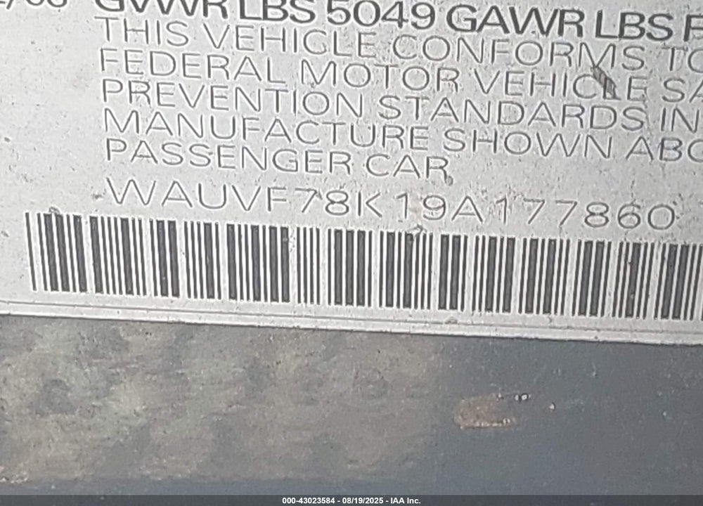 2009 AUDI A4 VIN: WAUVF78K19A177860
