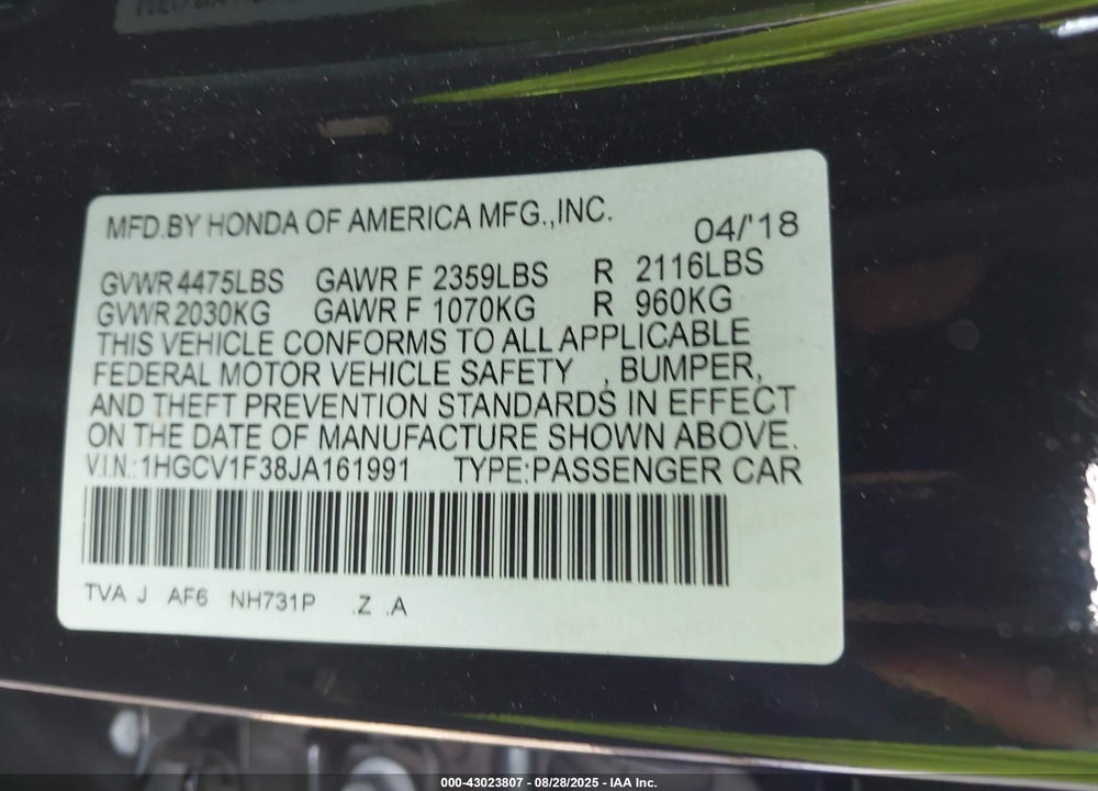 2018 HONDA ACCORD VIN: 1HGCV1F38JA161991