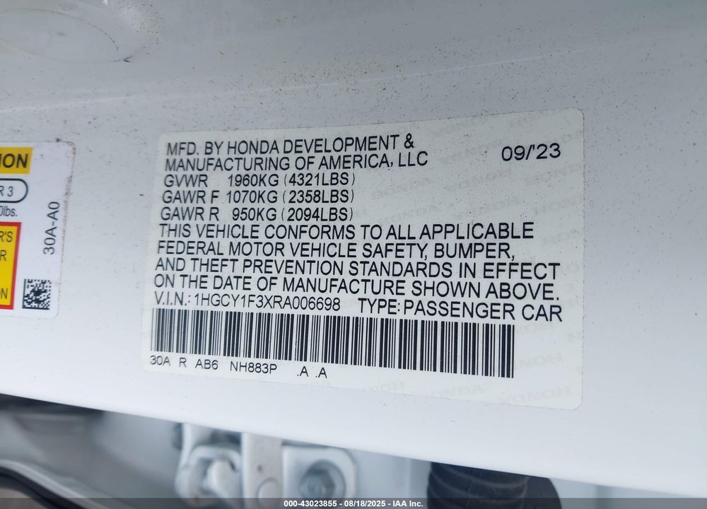 2024 HONDA ACCORD VIN: 1HGCY1F3XRA006698