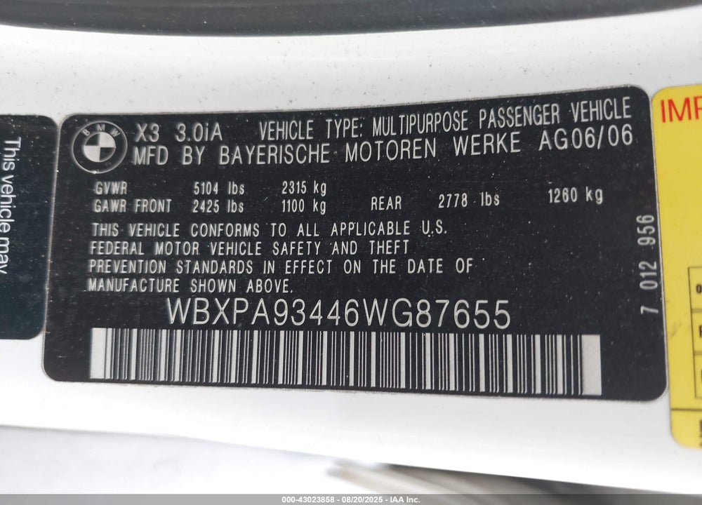 2006 BMW X3 3.0I VIN: WBXPA93446WG87655