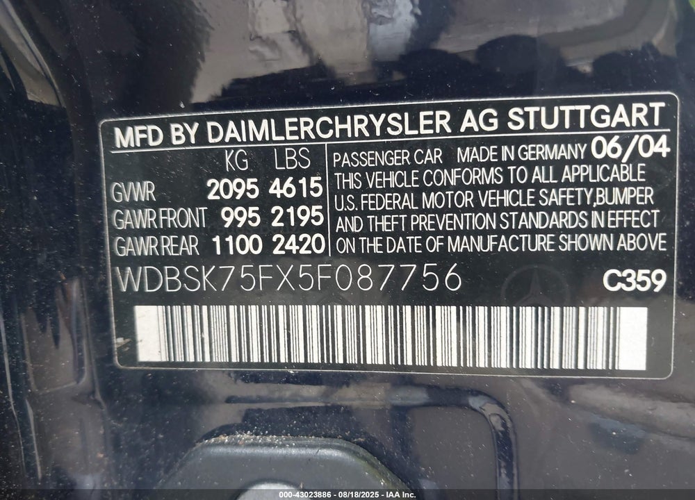 2005 MERCEDES-BENZ SL 500 VIN: WDBSK75FX5F087756