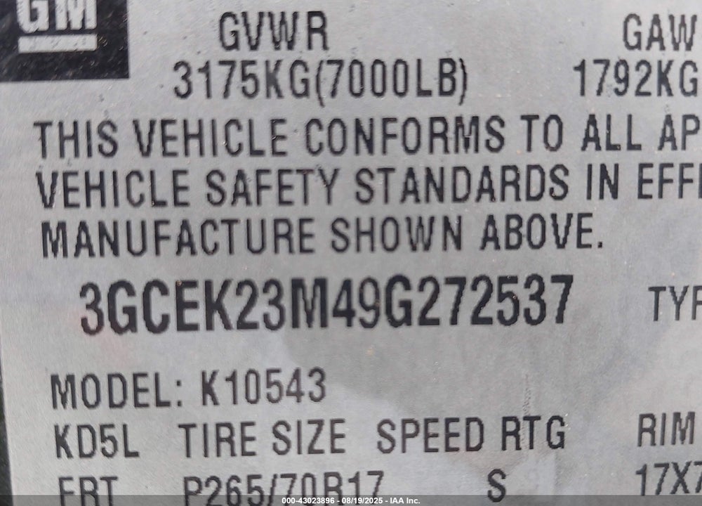 2009 CHEVROLET SILVERADO 1500 LT VIN: 3GCEK23M49G272537