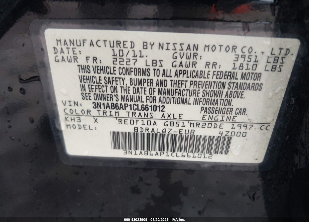 2012 NISSAN SENTRA 2.0 VIN: 3N1AB6AP1CL661012
