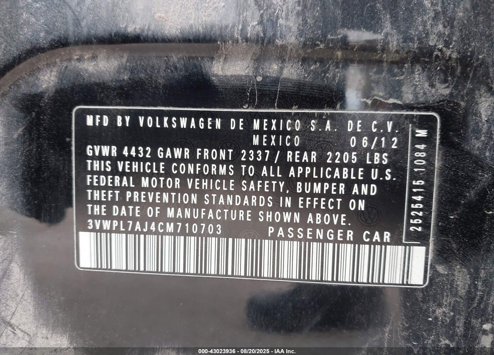 2012 VOLKSWAGEN JETTA SPORTWAGEN 2.0L TDI VIN: 3VWPL7AJ4CM710703