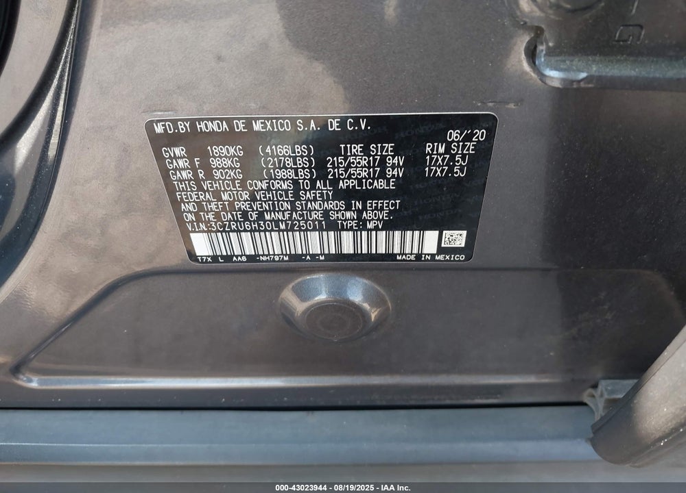 2020 HONDA HR-V VIN: 3CZRU6H30LM725011