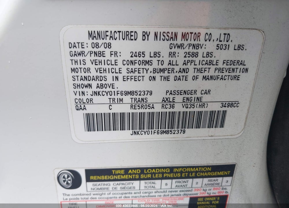 2009 INFINITI M35 VIN: JNKCY01F69M852379