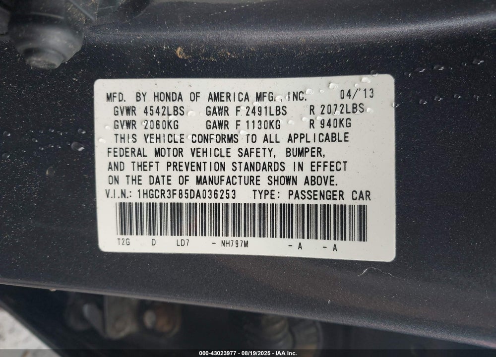 2013 HONDA ACCORD VIN: 1HGCR3F85DA036253
