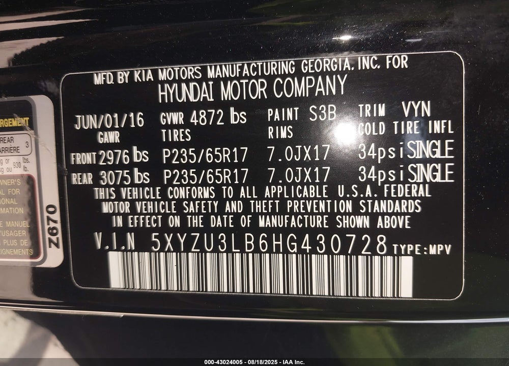 2017 HYUNDAI SANTA FE SPORT 2.4L VIN: 5XYZU3LB6HG430728