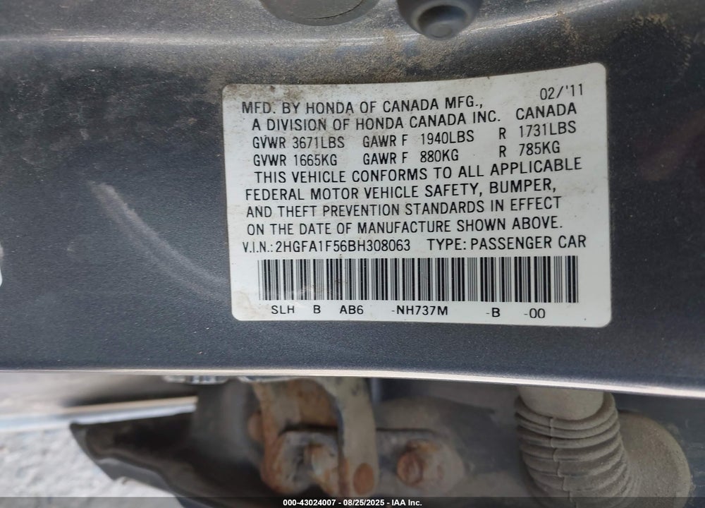 2011 HONDA CIVIC LX VIN: 2HGFA1F56BH308063