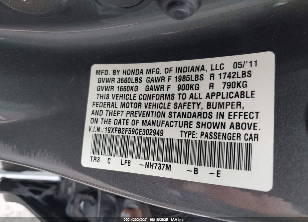 2012 HONDA CIVIC LX VIN: 19XFB2F59CE302949