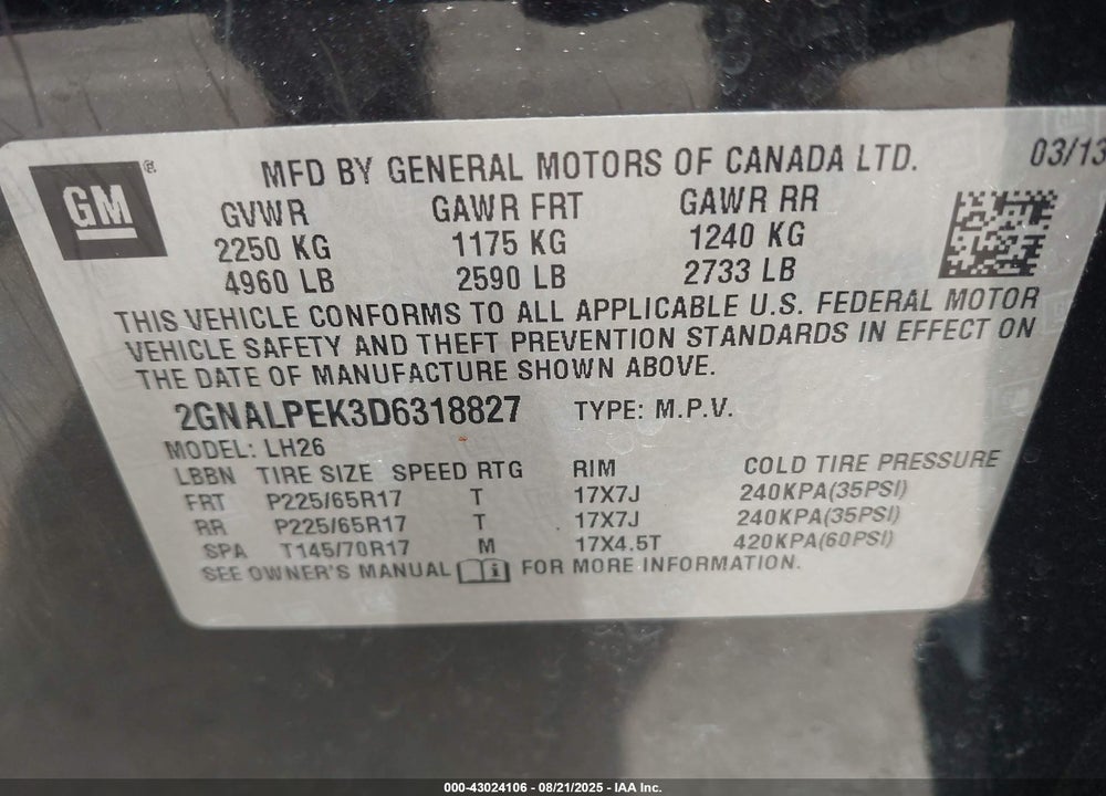 2013 CHEVROLET EQUINOX VIN: 2GNALPEK3D6318827
