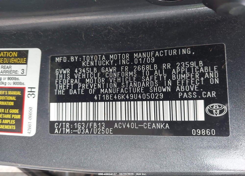 2009 TOYOTA CAMRY VIN: 4T1BE46K49U405029