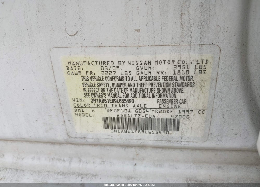 2009 NISSAN SENTRA VIN: 3N1AB61E89L655490