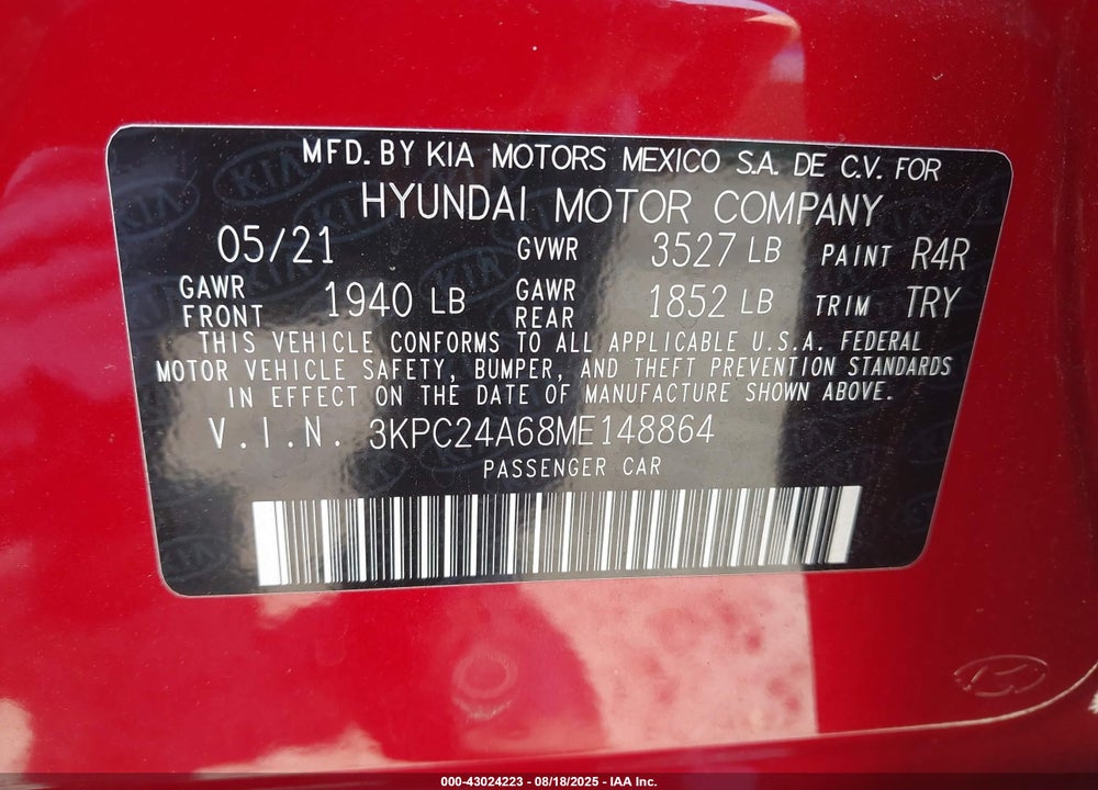 2021 HYUNDAI ACCENT VIN: 3KPC24A68ME148864