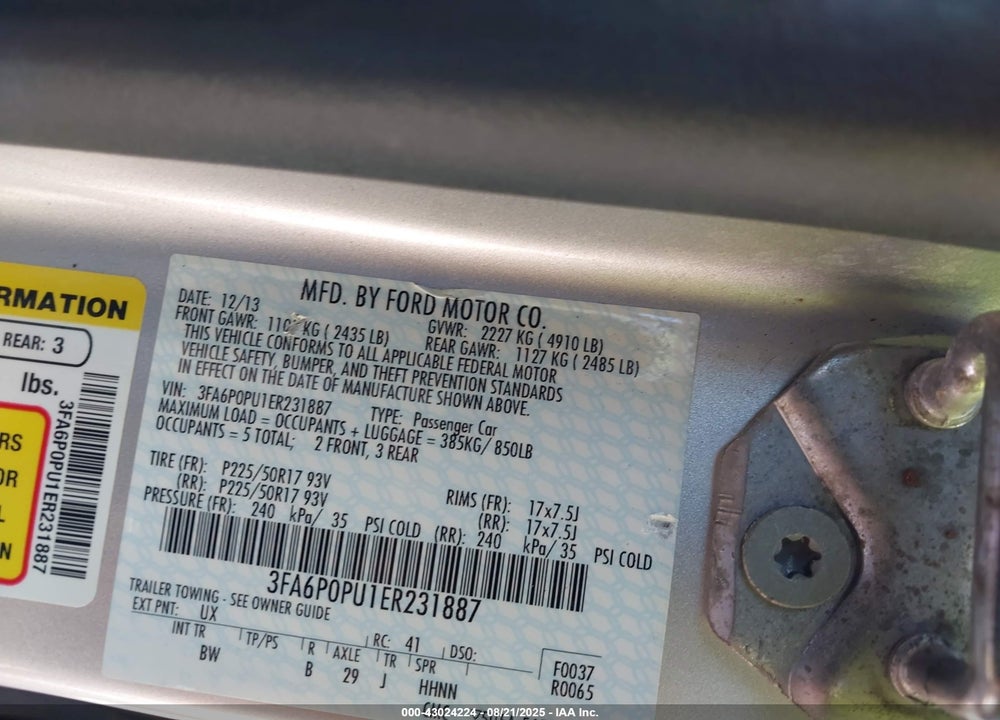 2014 FORD FUSION VIN: 3FA6P0PU1ER231887
