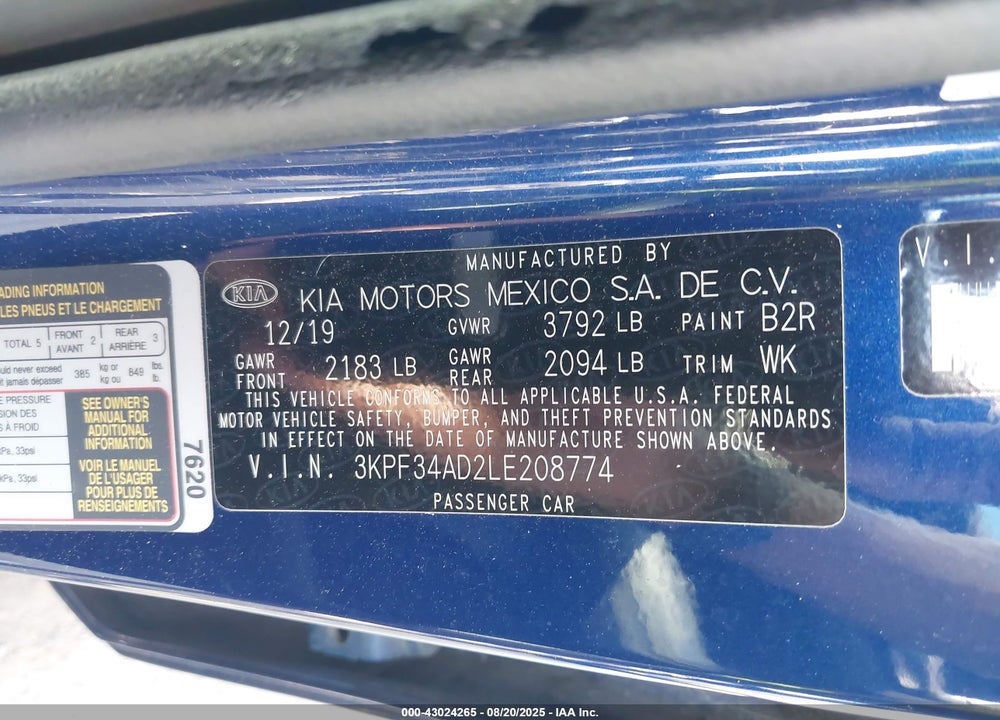 2020 KIA FORTE VIN: 3KPF34AD2LE208774