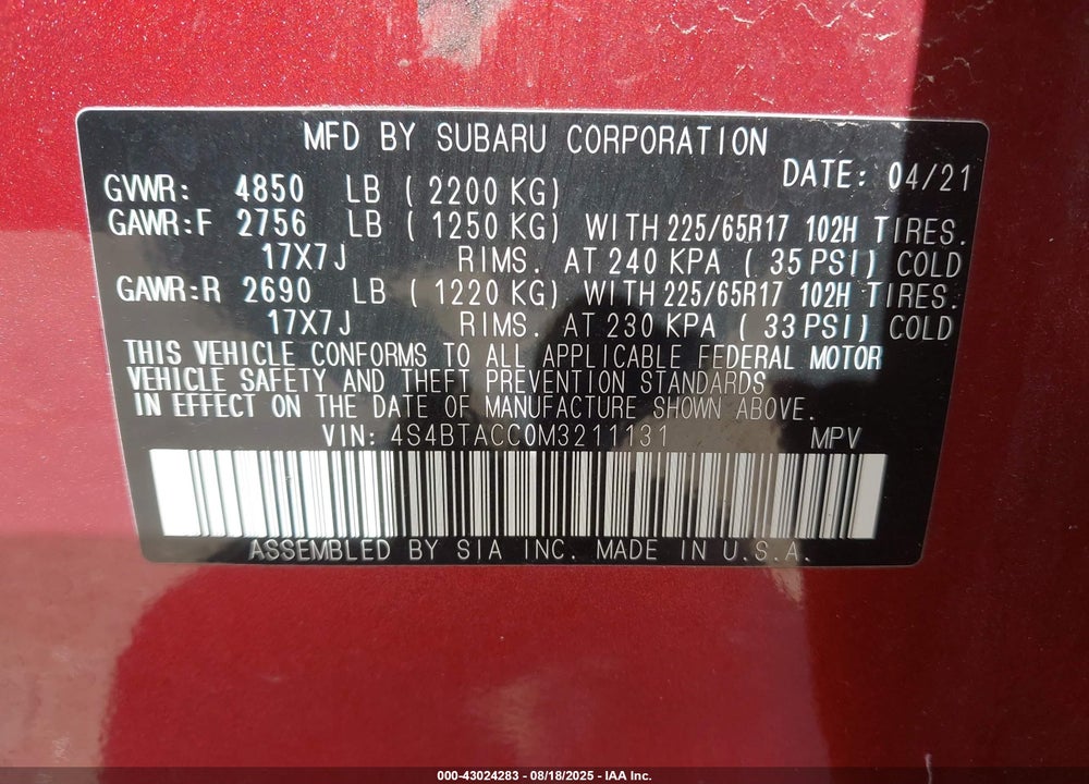 2021 SUBARU OUTBACK VIN: 4S4BTACC0M3211131