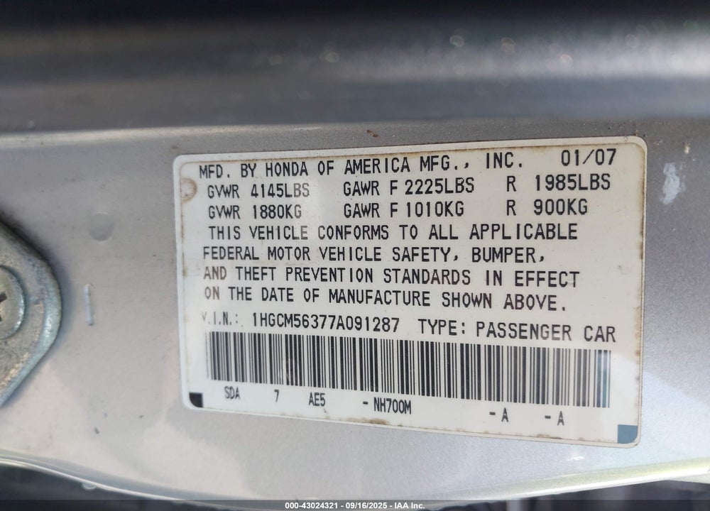 2007 HONDA ACCORD 2.4 SE VIN: 1HGCM56377A091287