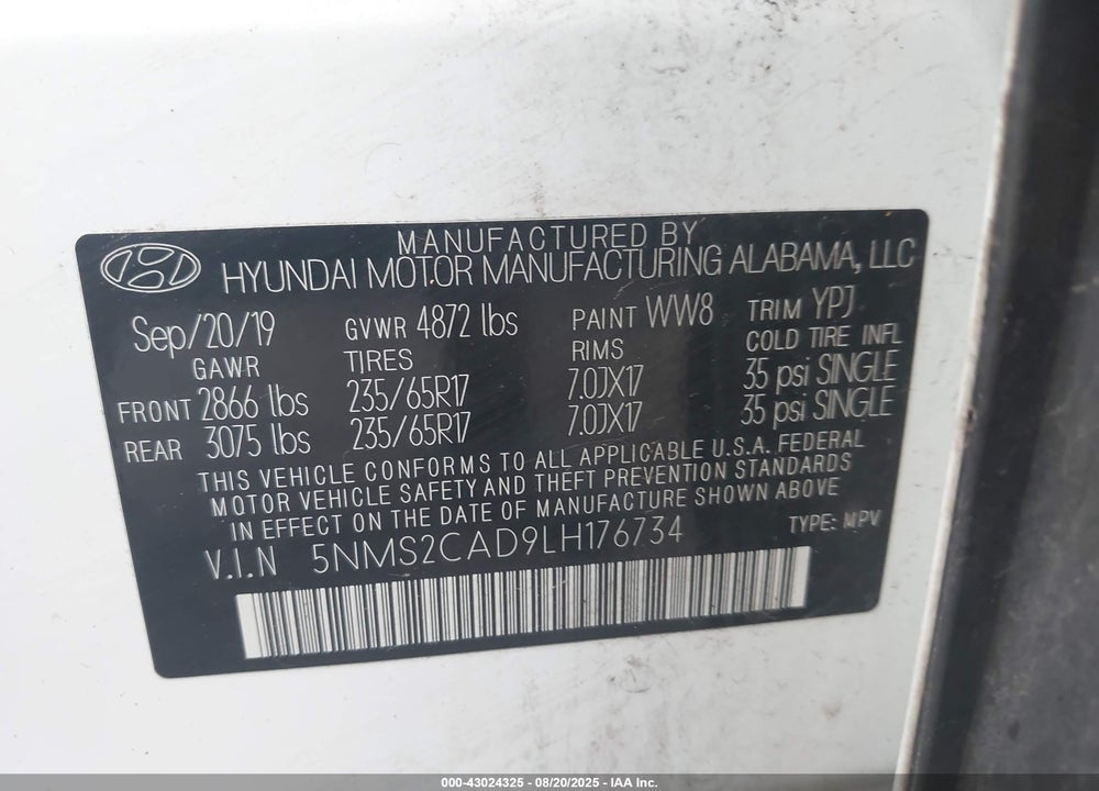 2020 HYUNDAI SANTA FE SE VIN: 5NMS2CAD9LH176734