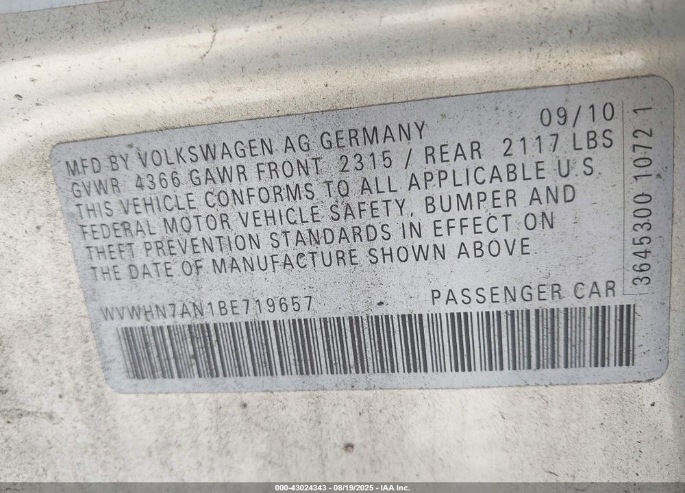 2011 VOLKSWAGEN CC LUX PLUS VIN: WVWHN7AN1BE719657