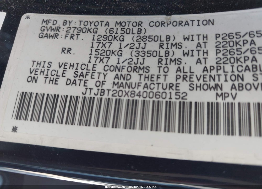 2004 LEXUS GX 470 VIN: JTJBT20X840060152