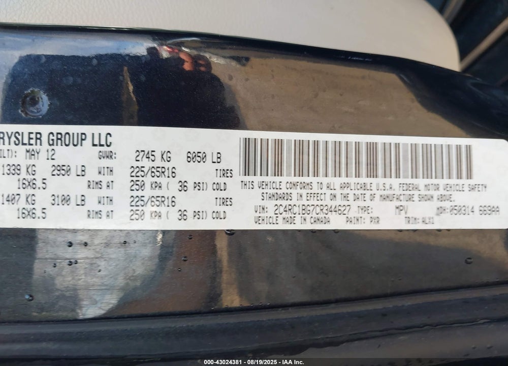 2012 CHRYSLER TOWN & COUNTRY TOURING VIN: 2C4RC1BG7CR344627
