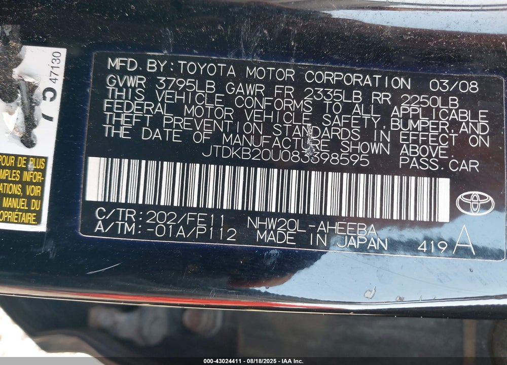 2008 TOYOTA PRIUS VIN: JTDKB20U083398595