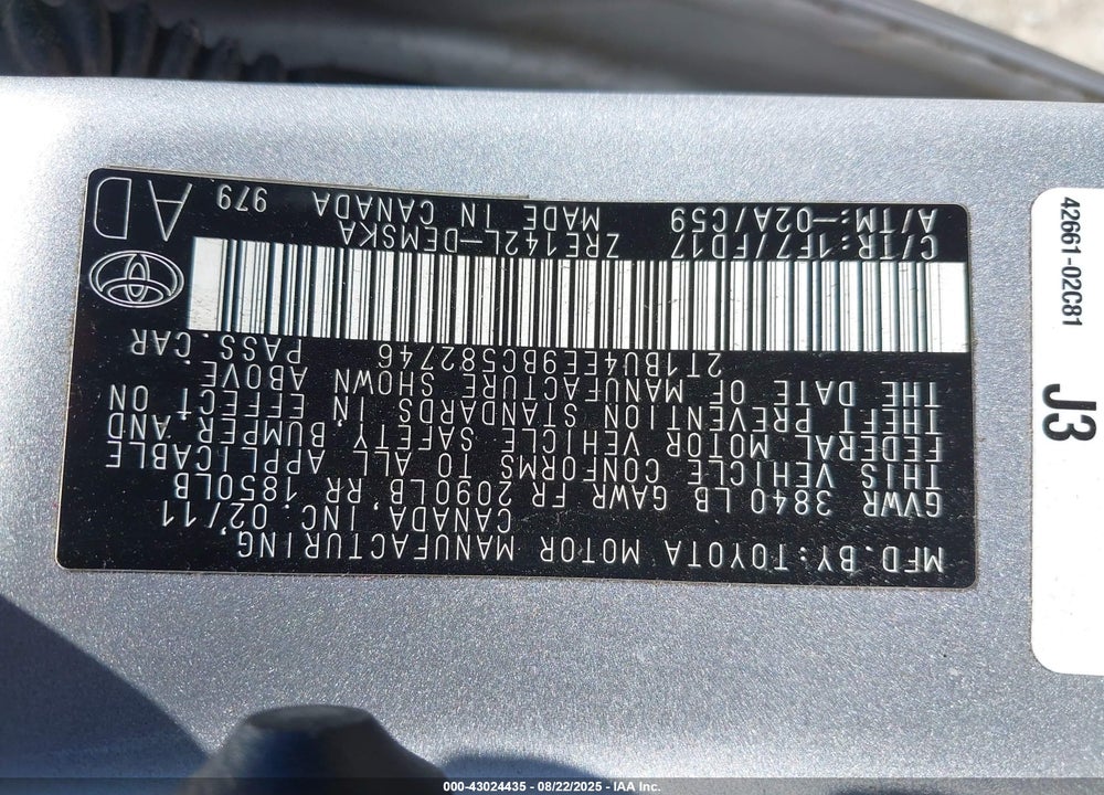 2011 TOYOTA COROLLA S VIN: 2T1BU4EE9BC582746