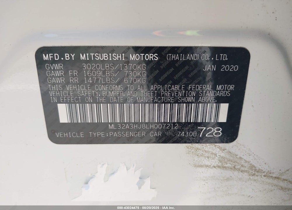 2020 MITSUBISHI MIRAGE VIN: ML32A3HJ8LH007212