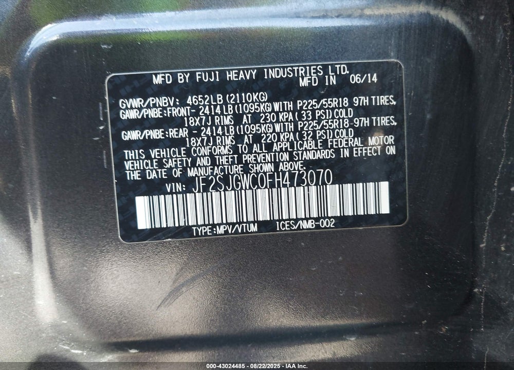 2015 SUBARU FORESTER VIN: JF2SJGWC0FH473070