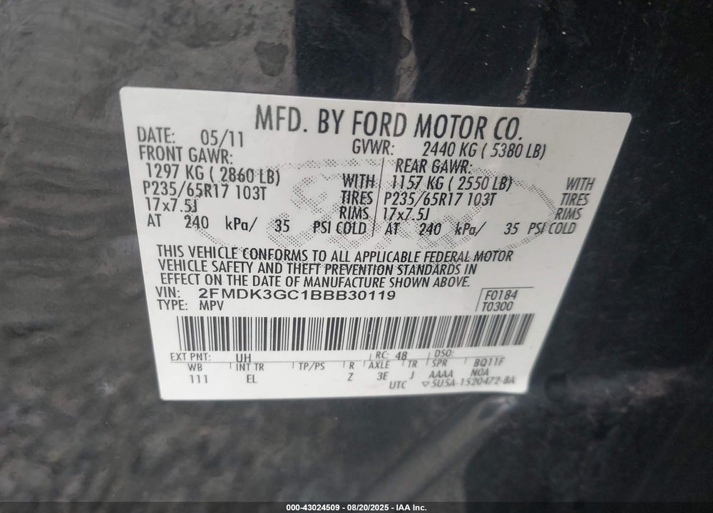 2011 FORD EDGE VIN: 2FMDK3GC1BBB30119