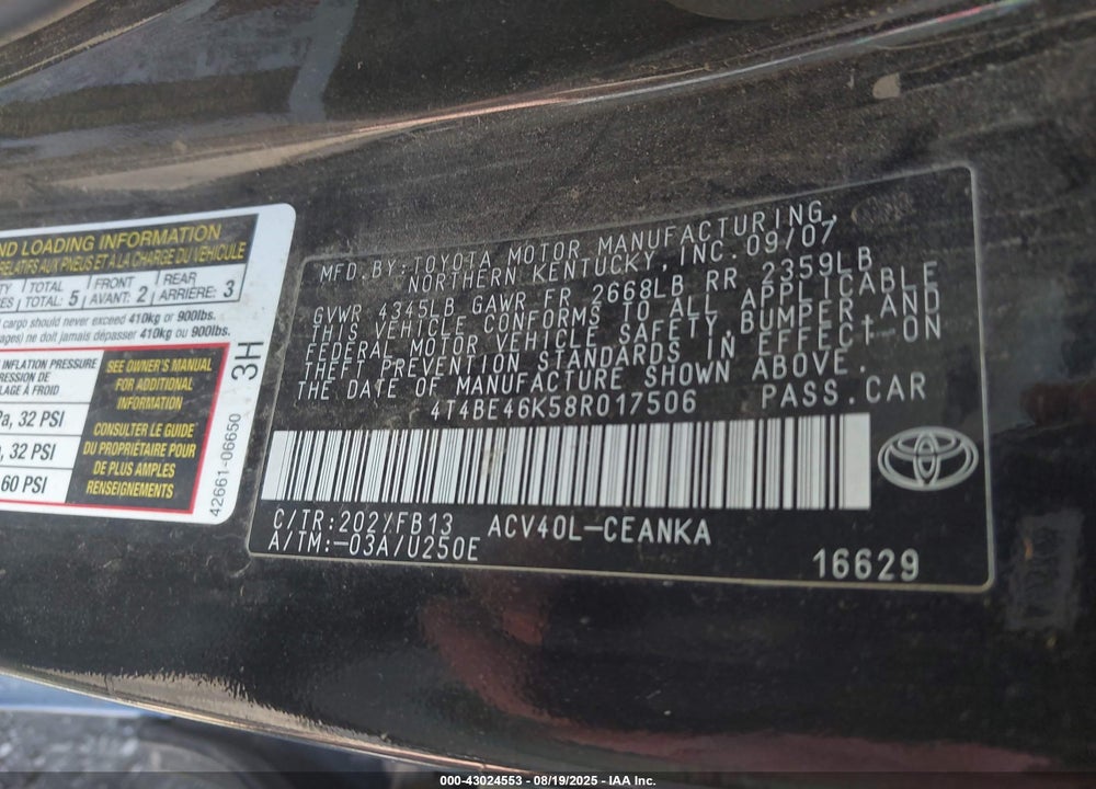 2008 TOYOTA CAMRY LE VIN: 4T4BE46K58R017506