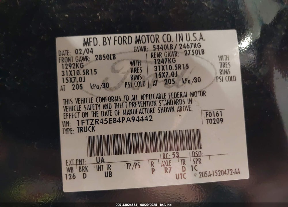 2004 FORD RANGER EDGE/TREMOR/XLT VIN: 1FTZR45E84PA94442