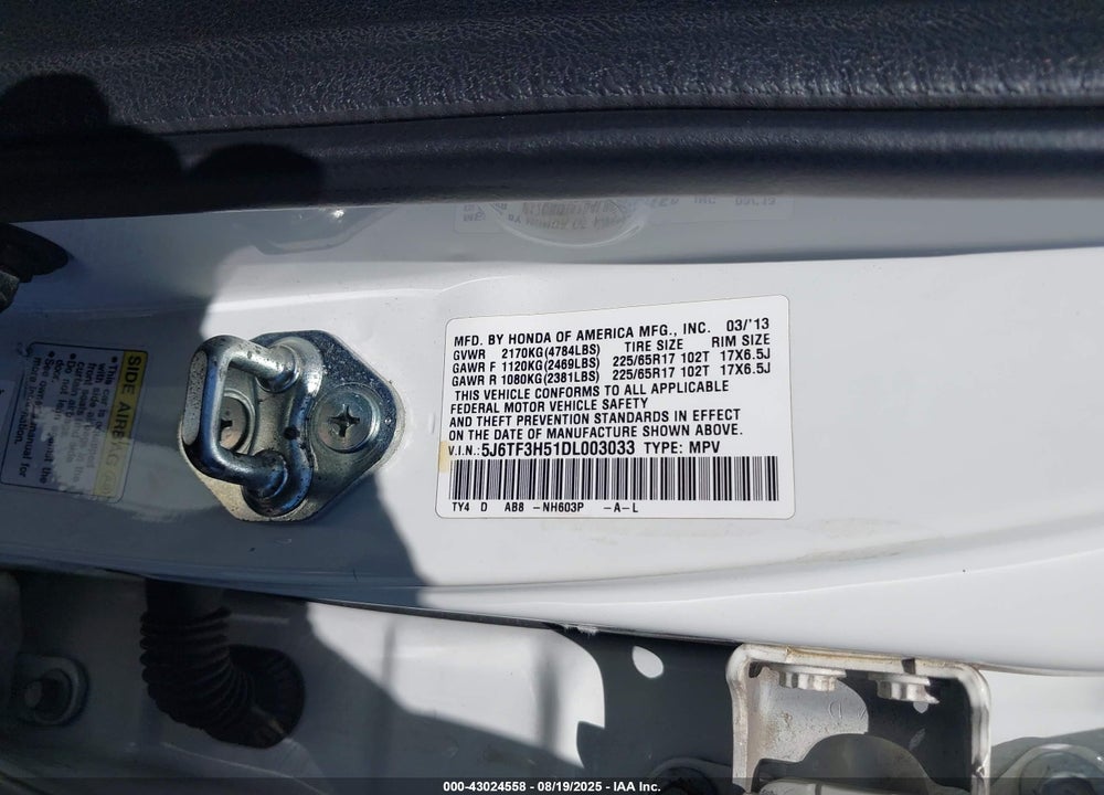 2013 HONDA CROSSTOUR VIN: 5J6TF3H51DL003033